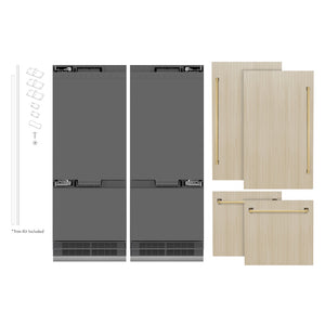 ZLINE Autograph Edition 60 in. 32.2 cu. ft. Panel Ready French Door Built-In Bottom Freezer Refrigerator with Water Dispenser and Ice Maker with Graphite Gray Interior and Polished Gold Accents (GRBIVZ-60-G) front, closed, next to custom panels with handles installed.