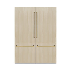 ZLINE Autograph Edition 60 in. 32.2 cu. ft. Panel Ready French Door Built-In Bottom Freezer Refrigerator with Water Dispenser and Ice Maker with Graphite Gray Interior and Polished Gold Accents (GRBIVZ-60-G) front, closed, with handles installed on custom panels.