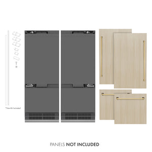 ZLINE Autograph Edition 60 in. 32.2 cu. ft. Panel Ready French Door Built-In Bottom Freezer Refrigerator with Water Dispenser and Ice Maker with Graphite Gray Interior and Polished Gold Accents (GRBIVZ-60-G) front, closed, next to custom panels with handles installed. Text: Panels not included. Trim kit included.