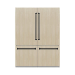 ZLINE Autograph Edition 60 in. 32.2 cu. ft. Panel Ready French Door Built-In Bottom Freezer Refrigerator with Water Dispenser and Ice Maker with Graphite Gray Interior and Matte Black Accents (GRBIVZ-60-MB) front, closed, with handles installed on custom panels.