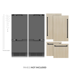 ZLINE Autograph Edition 60 in. 32.2 cu. ft. Panel Ready French Door Built-In Bottom Freezer Refrigerator with Water Dispenser and Ice Maker with Graphite Gray Interior and Matte Black Accents (GRBIVZ-60-MB) front, closed, next to custom panels with handles installed. Text: Panels not included. Trim kit included.