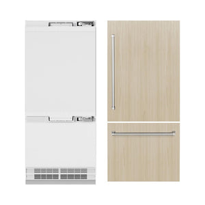 ZLINE 36 in. 19.8 cu. ft. Panel Ready Built-In Bottom Freezer Refrigerator with Water Dispenser and Ice Maker (RBIT-36) front, next to custom panels and handles. Text: Handles and panels not included.