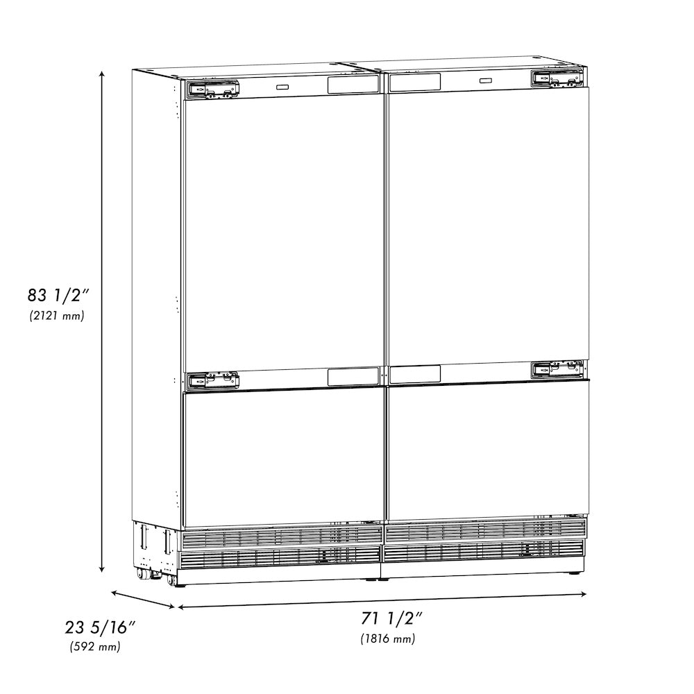 ZLINE 72 in. 39.6 cu. ft. Panel Ready French Door Built-In Bottom Freezer Refrigerator with Water Dispensers and Ice Makers (RBIT-72) dimensional diagram.