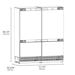 ZLINE 72 in. 39.6 cu. ft. Panel Ready French Door Built-In Bottom Freezer Refrigerator with Water Dispensers and Ice Makers (RBIT-72) dimensional diagram.