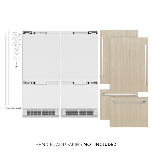 ZLINE 72 in. 39.6 cu. ft. Panel Ready French Door Built-In Bottom Freezer Refrigerator with Water Dispensers and Ice Makers (RBIT-72) front, next to custom panels and handles. Text: Handles and panels not included.