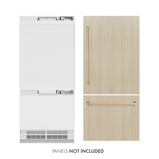 ZLINE Autograph Edition 36 in. 19.8 cu. ft. Panel Ready Built-In Bottom Freezer Refrigerator with Water Dispenser and Ice Maker with Champagne Bronze Accents (RBITZ-36-CB) front, closed, next to custom panels with handles installed. Text: Panels not included. Trim kit included.