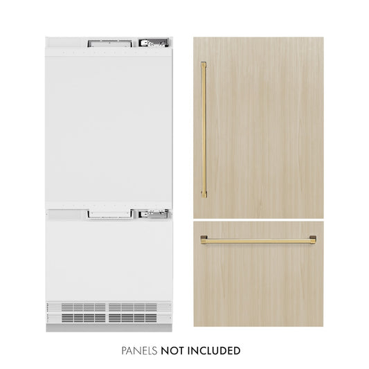 ZLINE Autograph Edition 36 in. 19.8 cu. ft. Panel Ready Built-In Bottom Freezer Refrigerator with Water Dispenser and Ice Maker with Polished Gold Accents (RBITZ-36-G) front, closed, next to custom panels with handles installed. Text: Panels not included. Trim kit included.