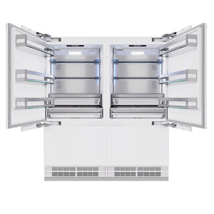 ZLINE Autograph Edition 72 in. 39.6 cu. ft. Panel Ready French Door Built-In Bottom Freezer Refrigerator with Water Dispensers and Ice Makers and Champagne Bronze Accents (RBITZ-72-CB) front, open.