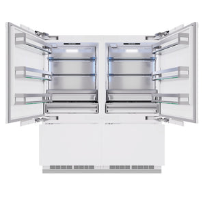 ZLINE Autograph Edition 72 in. 39.6 cu. ft. Panel Ready French Door Built-In Bottom Freezer Refrigerator with Water Dispensers and Ice Makers and Champagne Bronze Accents (RBITZ-72-CB) front, open.