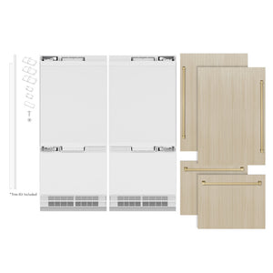 ZLINE Autograph Edition 72 in. 39.6 cu. ft. Panel Ready French Door Built-In Bottom Freezer Refrigerator with Water Dispensers and Ice Makers and Champagne Bronze Accents (RBITZ-72-CB) front, closed, next to custom panels with handles installed.