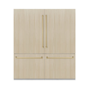 ZLINE Autograph Edition 72 in. 39.6 cu. ft. Panel Ready French Door Built-In Bottom Freezer Refrigerator with Water Dispensers and Ice Makers and Champagne Bronze Accents (RBITZ-72-CB) front, closed, with handles installed on custom panels.