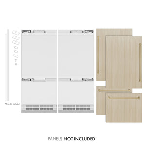 ZLINE Autograph Edition 72 in. 39.6 cu. ft. Panel Ready French Door Built-In Bottom Freezer Refrigerator with Water Dispensers and Ice Makers and Champagne Bronze Accents (RBITZ-72-CB) front, closed, next to custom panels with handles installed. Text: Panels not included. Trim kit included.