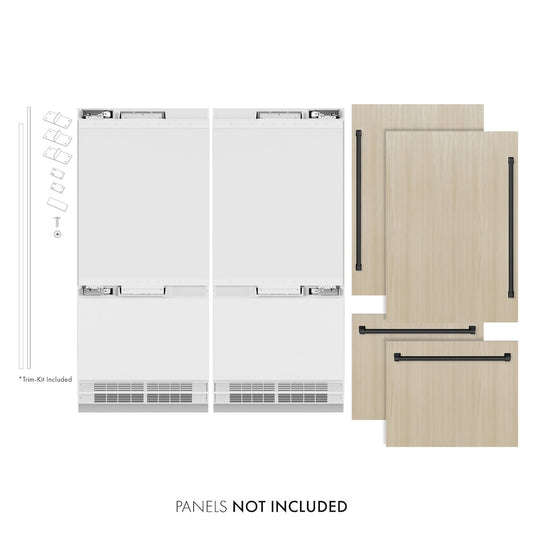ZLINE Autograph Edition 72 in. 39.6 cu. ft. Panel Ready French Door Built-In Bottom Freezer Refrigerator with Water Dispensers and Ice Makers and Matte Black Accents (RBITZ-72-MB) front, closed, next to custom panels with handles installed. Text: Panels not included. Trim kit included.