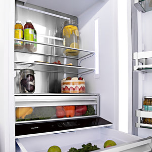 ZLINE 30 in. 16.1 cu. ft. Panel Ready Built-In Bottom Freezer Refrigerator with Water Dispenser and Ice Maker (RBIV-30) open refrigeration compartment with various food items on the shelves