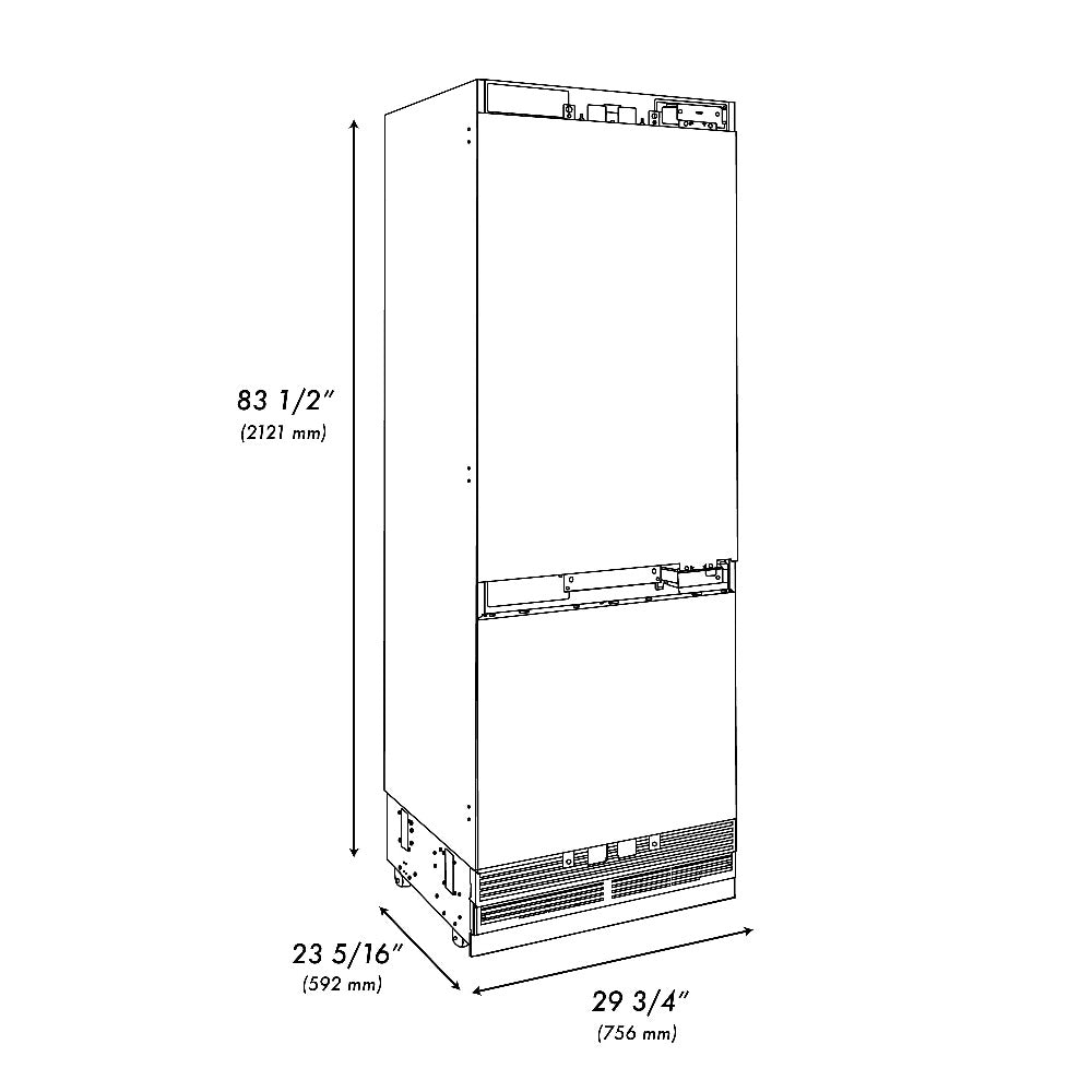 ZLINE 30 in. 16.1 cu. ft. Panel Ready Built-In 2-Door Bottom Freezer Refrigerator with Internal Water and Ice Dispenser (RBIV-30) dimensional diagram with measurements.