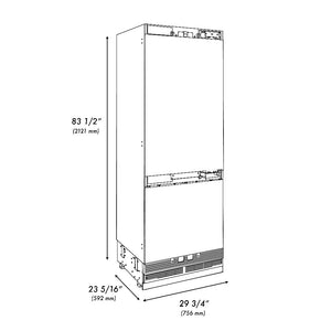 ZLINE 30 in. 16.1 cu. ft. Panel Ready Built-In 2-Door Bottom Freezer Refrigerator with Internal Water and Ice Dispenser (RBIV-30) dimensional diagram with measurements.