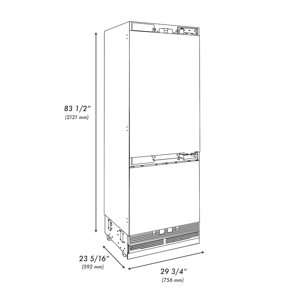 ZLINE 30 in. 16.1 cu. ft. Panel Ready Built-In Bottom Freezer Refrigerator with Water Dispenser and Ice Maker (RBIV-30) dimensional diagram.