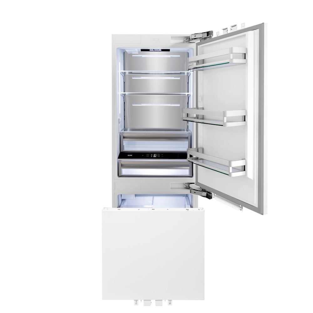 ZLINE 30 in. 16.1 cu. ft. Panel Ready Built-In Bottom Freezer Refrigerator with Water Dispenser and Ice Maker (RBIV-30) front, refrigeration compartment and bottom freezer open with interior lighting activated.