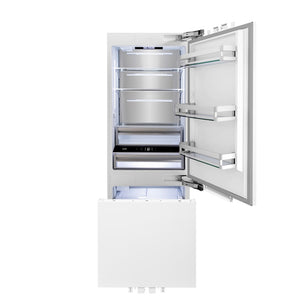 ZLINE 30 in. 16.1 cu. ft. Panel Ready Built-In Bottom Freezer Refrigerator with Water Dispenser and Ice Maker (RBIV-30) front, refrigeration compartment and bottom freezer open with interior lighting activated.