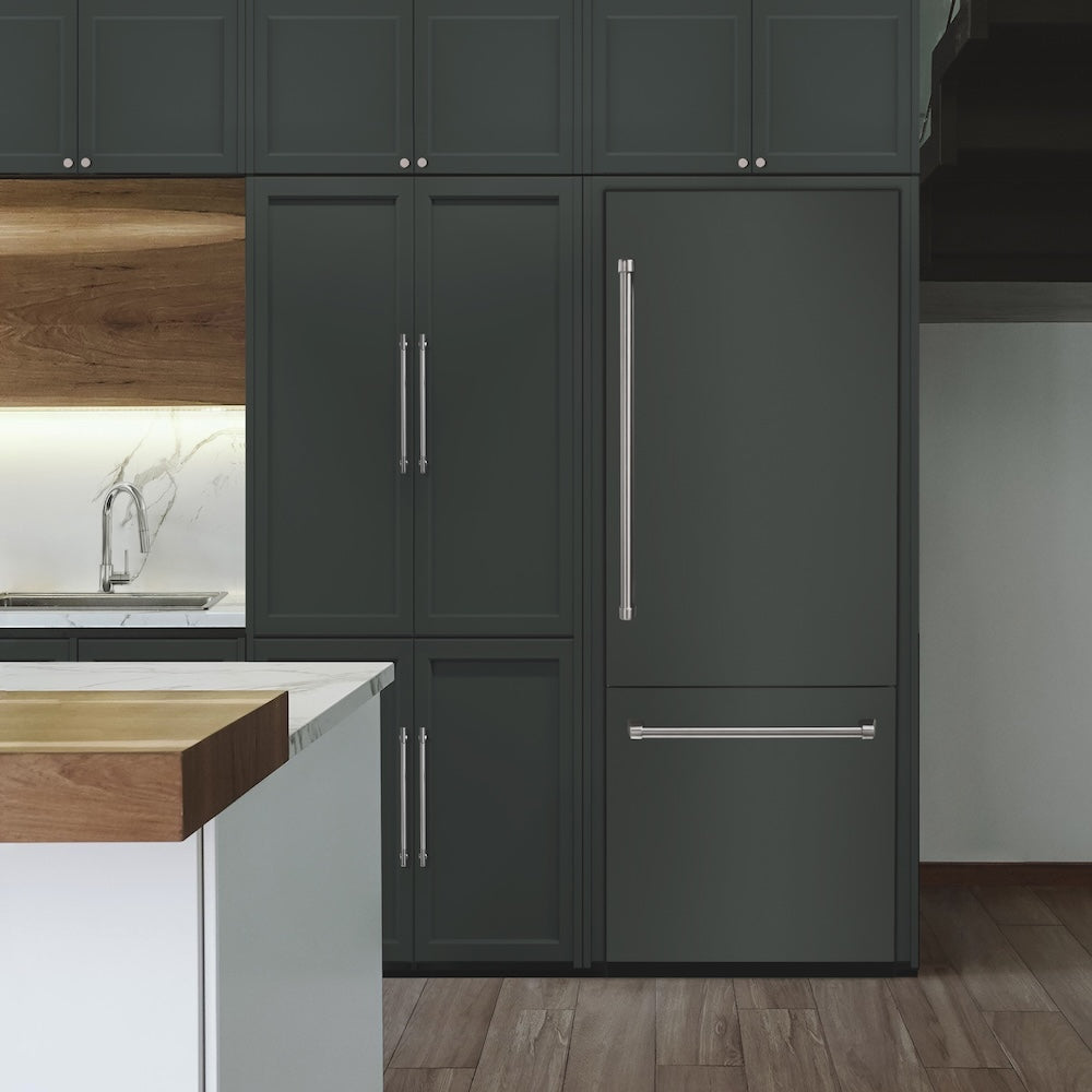Modern kitchen with dark gray cabinets and a ZLINE 30 in. 16.1 cu. ft. Panel Ready Built-In Bottom Freezer Refrigerator with Water Dispenser and Ice Maker (RBIV-30).