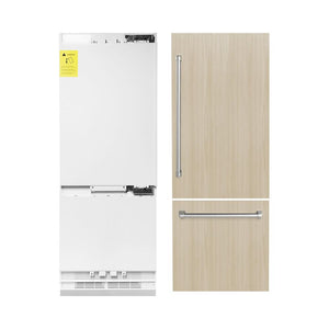 ZLINE 30 in. 16.1 cu. ft. Panel Ready Built-In Bottom Freezer Refrigerator with Water Dispenser and Ice Maker (RBIV-30) front, next to custom panels and handles. Text: Handles and panels not included.
