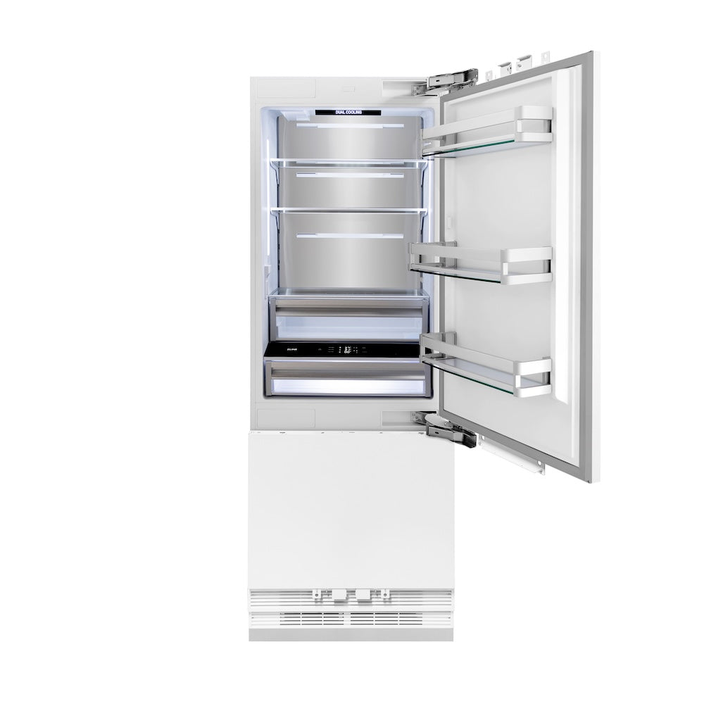 ZLINE 30 in. 16.1 cu. ft. Panel Ready Built-In Bottom Freezer Refrigerator with Water Dispenser and Ice Maker (RBIV-30) front, refrigeration compartment open.