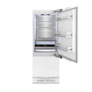 ZLINE 30 in. 16.1 cu. ft. Panel Ready Built-In Bottom Freezer Refrigerator with Water Dispenser and Ice Maker (RBIV-30) front, refrigeration compartment open.