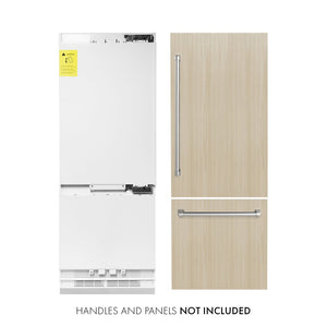 ZLINE 30 in. 16.1 cu. ft. Panel Ready Built-In Bottom Freezer Refrigerator with Water Dispenser and Ice Maker (RBIV-30) front, next to custom panels and handles. Text: Handles and panels not included.