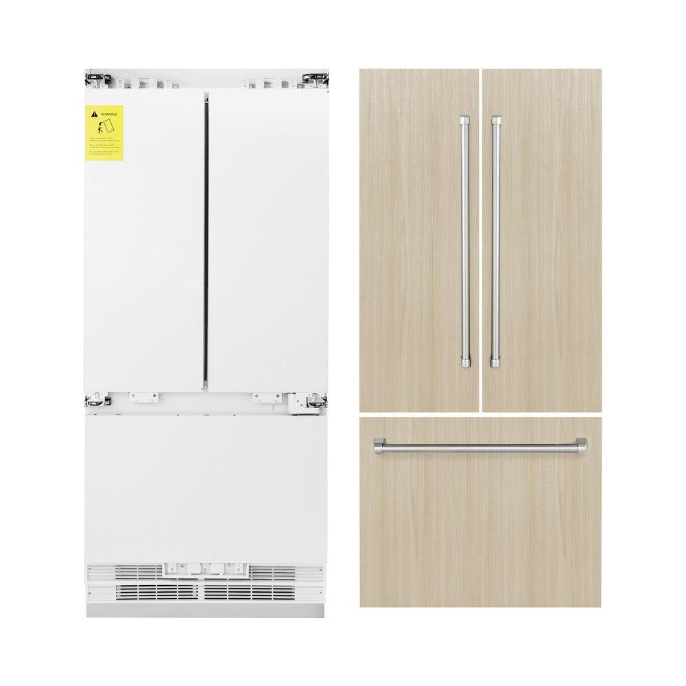 ZLINE 36 in. 19.6 cu. Ft. Panel Ready Built-in 3-Door French Door Refrigerator with Internal Water and Ice Dispenser (RBIV-36) front, next to custom panels and handles. 