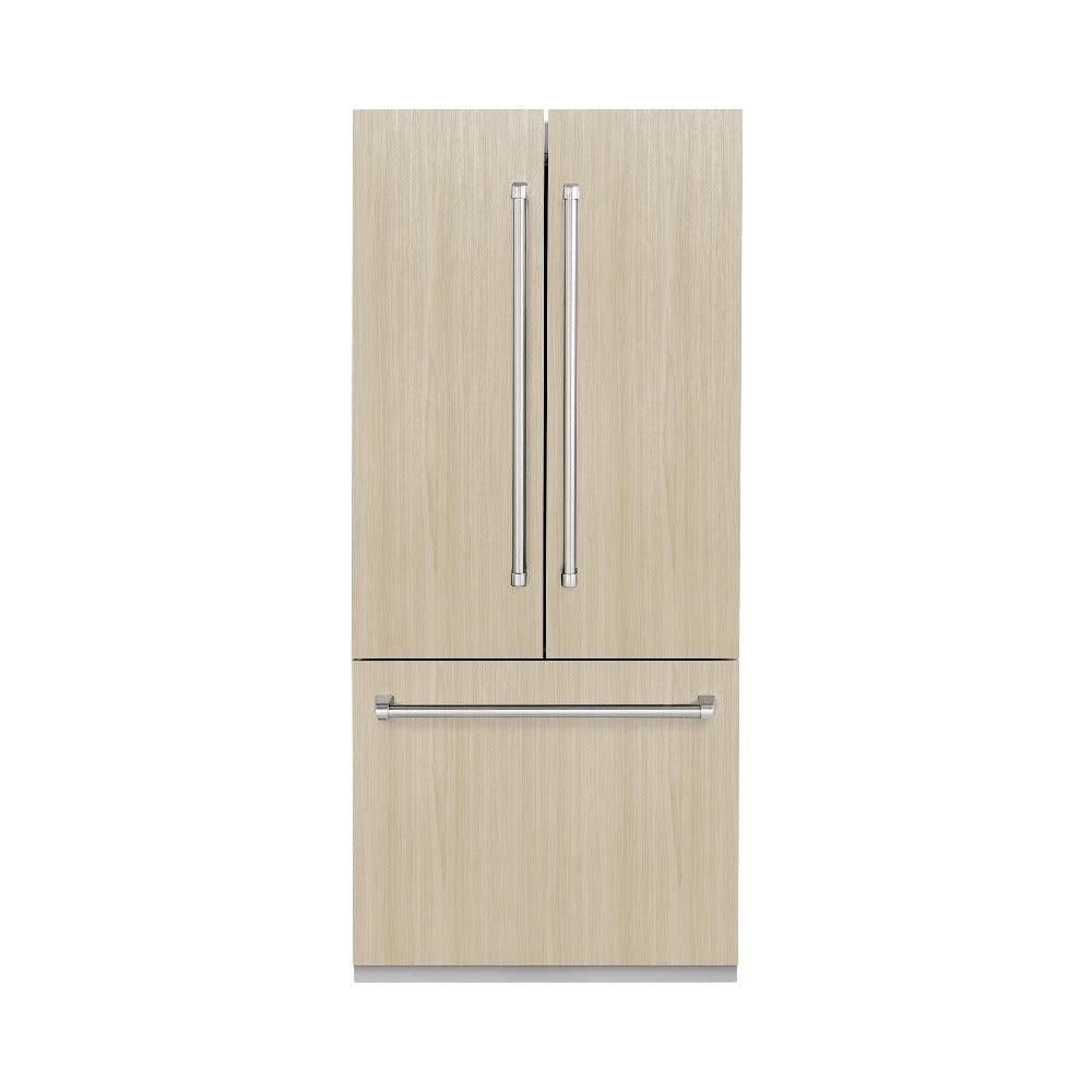 ZLINE 36 in. 19.6 cu. Ft. Panel Ready Built-in 3-Door French Door Refrigerator with Internal Water and Ice Dispenser (RBIV-36) front, with custom panels, closed.