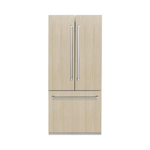 ZLINE 36 in. 19.6 cu. Ft. Panel Ready Built-in 3-Door French Door Refrigerator with Internal Water and Ice Dispenser (RBIV-36) front, with custom panels, closed.