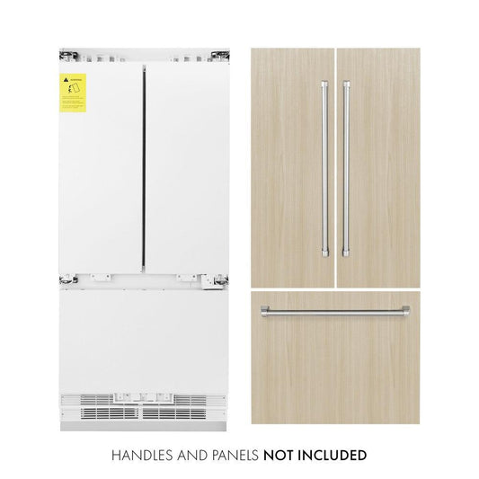 ZLINE 36 in. 19.6 cu. ft. Panel Ready French Door Built-In Bottom Freezer Refrigerator with Water Dispenser and Ice Maker (RBIV-36) front, next to custom panels and handles. Text: Handles and panels not included.