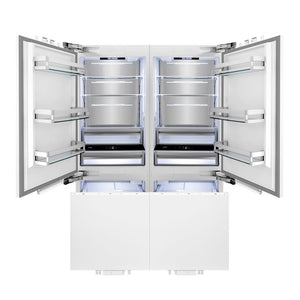 ZLINE 60 in. 32.2 cu. ft. Panel Ready French Door Built-In Bottom Freezer Refrigerator with Water Dispensers and Ice Makers (RBIV-60) front, open.