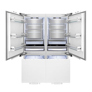 ZLINE 60 in. 32.2 cu. ft. Panel Ready French Door Built-In Bottom Freezer Refrigerator with Water Dispensers and Ice Makers (RBIV-60) front, refrigeration compartment and bottom freezer open with interior lighting activated.