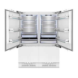ZLINE 60 in. 32.2 cu. ft. Panel Ready French Door Built-In Bottom Freezer Refrigerator with Water Dispensers and Ice Makers (RBIV-60) front, open.