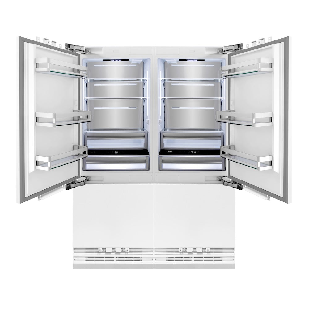 ZLINE 60 in. 32.2 cu. ft. Panel Ready French Door Built-In Bottom Freezer Refrigerator with Water Dispensers and Ice Makers (RBIV-60) front, refrigeration compartment open.