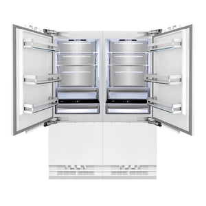 ZLINE 60 in. 32.2 cu. ft. Panel Ready French Door Built-In Bottom Freezer Refrigerator with Water Dispensers and Ice Makers (RBIV-60) front, refrigeration compartment open.
