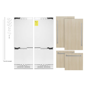 ZLINE 60 in. 32.2 cu. ft. Panel Ready French Door Built-In Bottom Freezer Refrigerator with Water Dispensers and Ice Makers (RBIV-60) front, next to custom panels and handles. Text: Handles and panels not included.