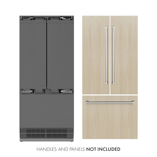 ZLINE 36 in. 19.6 cu. ft. Panel Ready French Door Built-In Bottom Freezer Refrigerator with Water Dispenser and Ice Maker with Stainless Steel Interior (SRBIV-36) front, next to custom panels and handles. Text: Handles and panels not included.