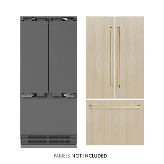 ZLINE Autograph Edition 36 in. 19.6 cu. ft. Panel Ready French Door Built-In Bottom Freezer Refrigerator with Water Dispenser and Ice Maker with Stainless Steel Interior and Champagne Bronze Accents (SRBIVZ-36-CB) front, closed.