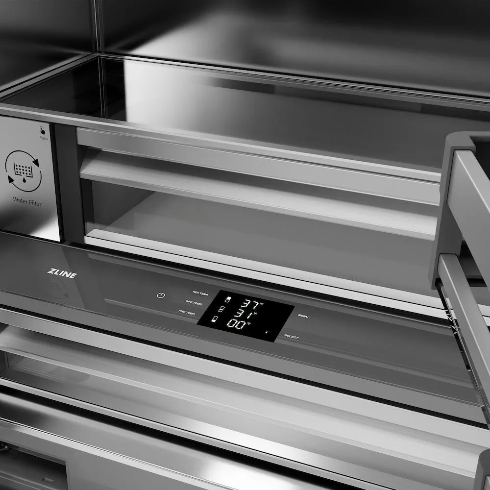 ZLINE Autograph Edition 36 in. 19.6 cu. ft. Panel Ready French Door Built-In Bottom Freezer Refrigerator with Water Dispenser and Ice Maker with Stainless Steel Interior and Matte Black Accents (SRBIVZ-36-MB) close-up detail, touch control panel and display in stainless steel refrigeration compartment..