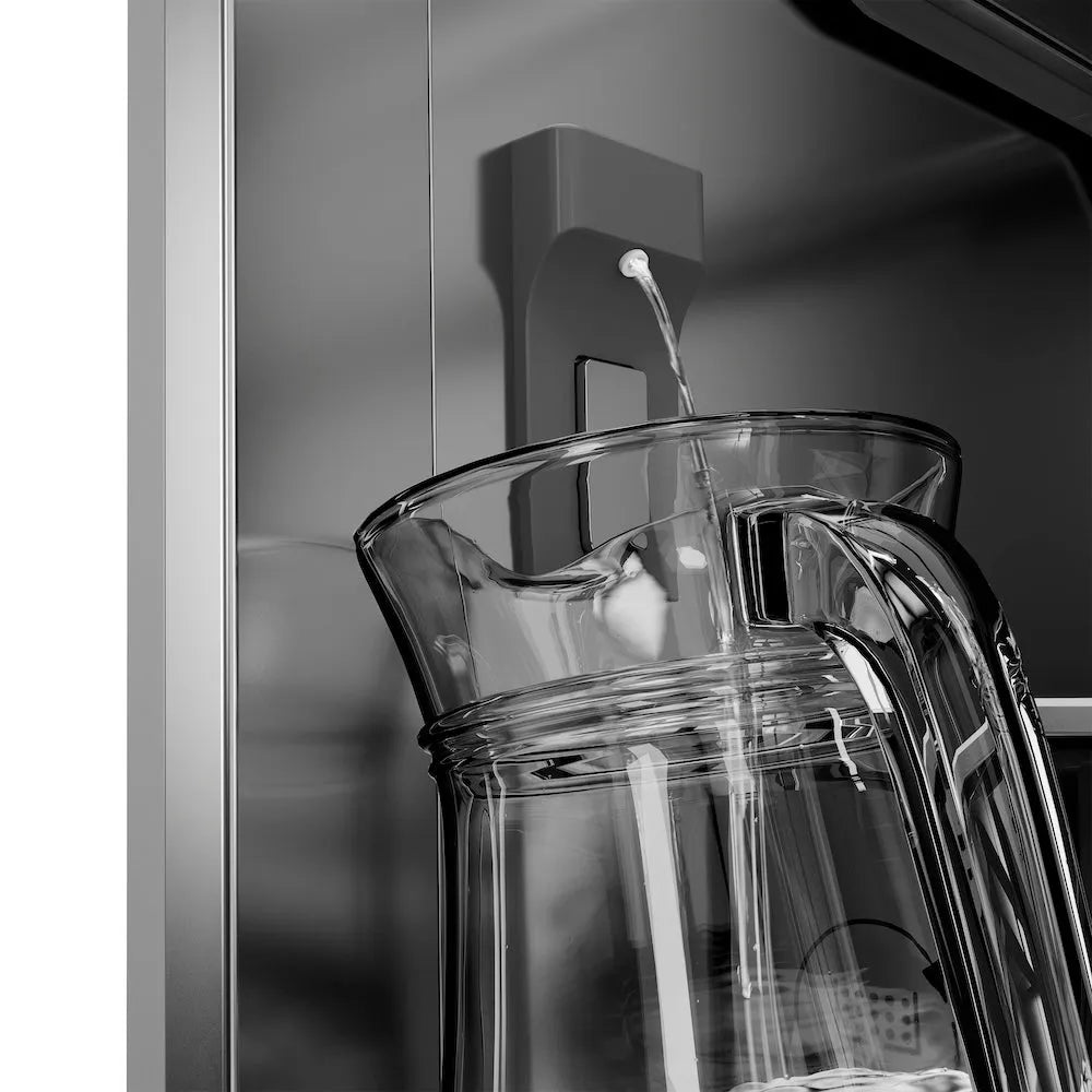 ZLINE Autograph Edition 36 in. 19.6 cu. ft. Panel Ready French Door Built-In Bottom Freezer Refrigerator with Water Dispenser and Ice Maker with Stainless Steel Interior and Matte Black Accents (SRBIVZ-36-MB) close-up, internal water dispenser in stainless steel refrigeration compartment., on.