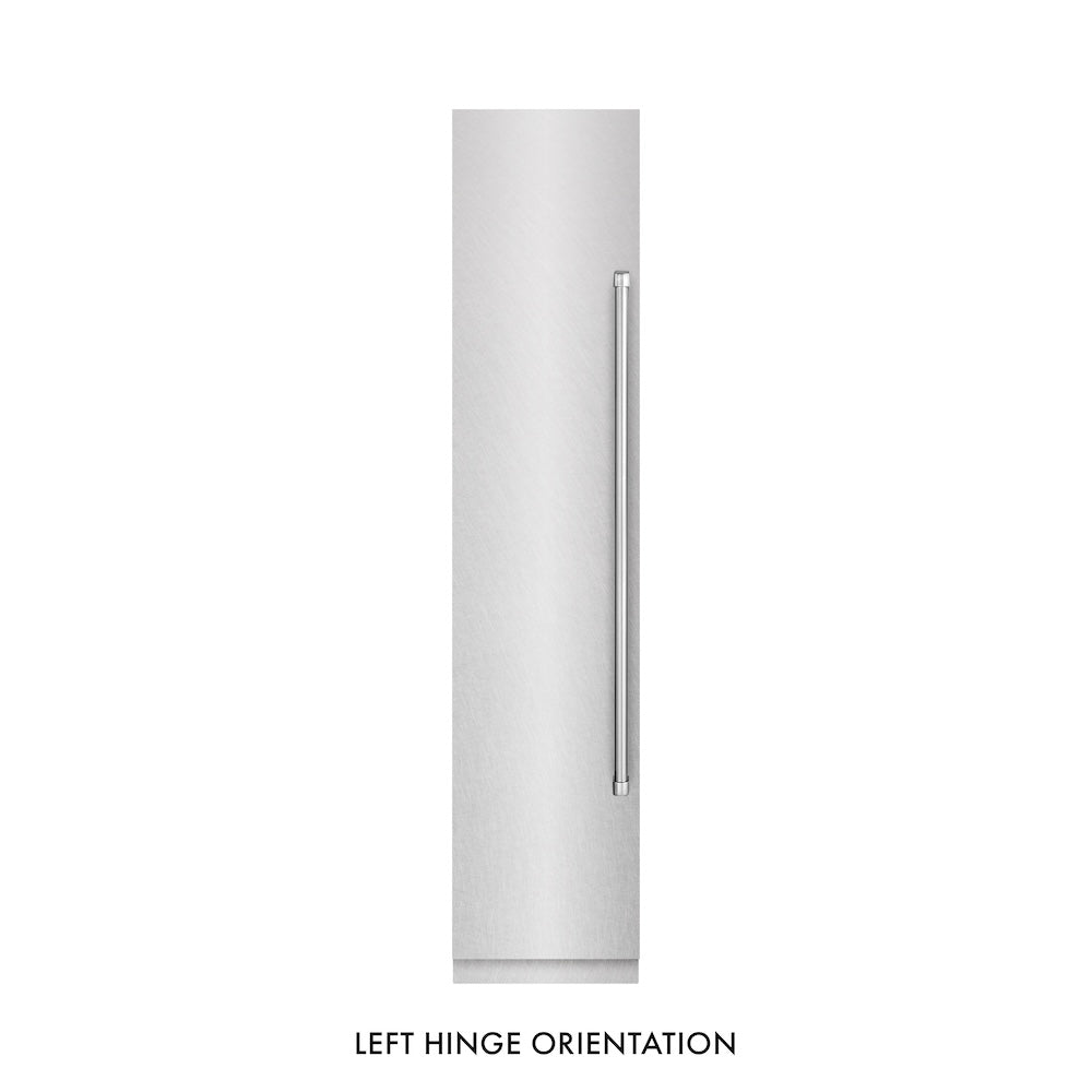 ZLINE 18 in. 8.6 cu. ft. Left Hinge Column Freezer in Satin Stainless Steel with Graphite Gray Interior (RCFVL-SN-18) front, closed.