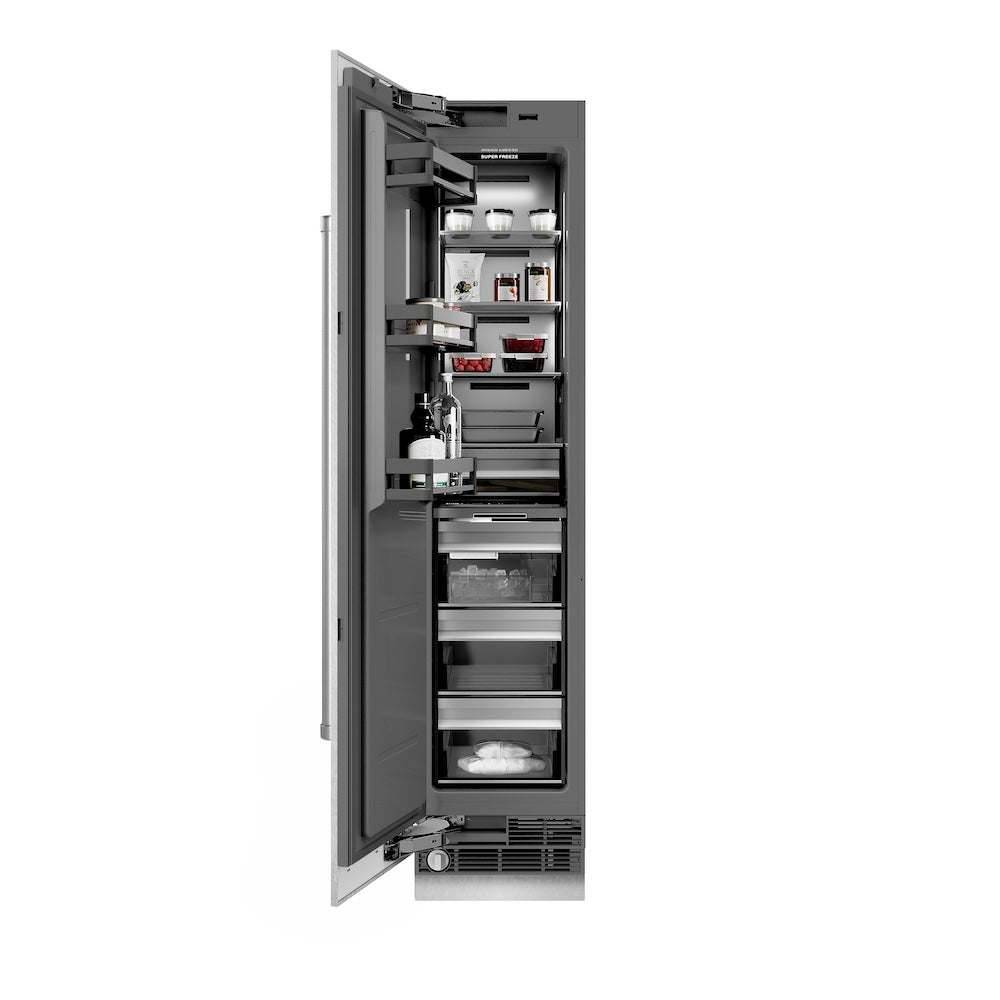 ZLINE 18 in. 8.6 cu. ft. Left Hinge Column Freezer in Satin Stainless Steel with Graphite Gray Interior (RCFVL-SN-18) front, open, with food inside.