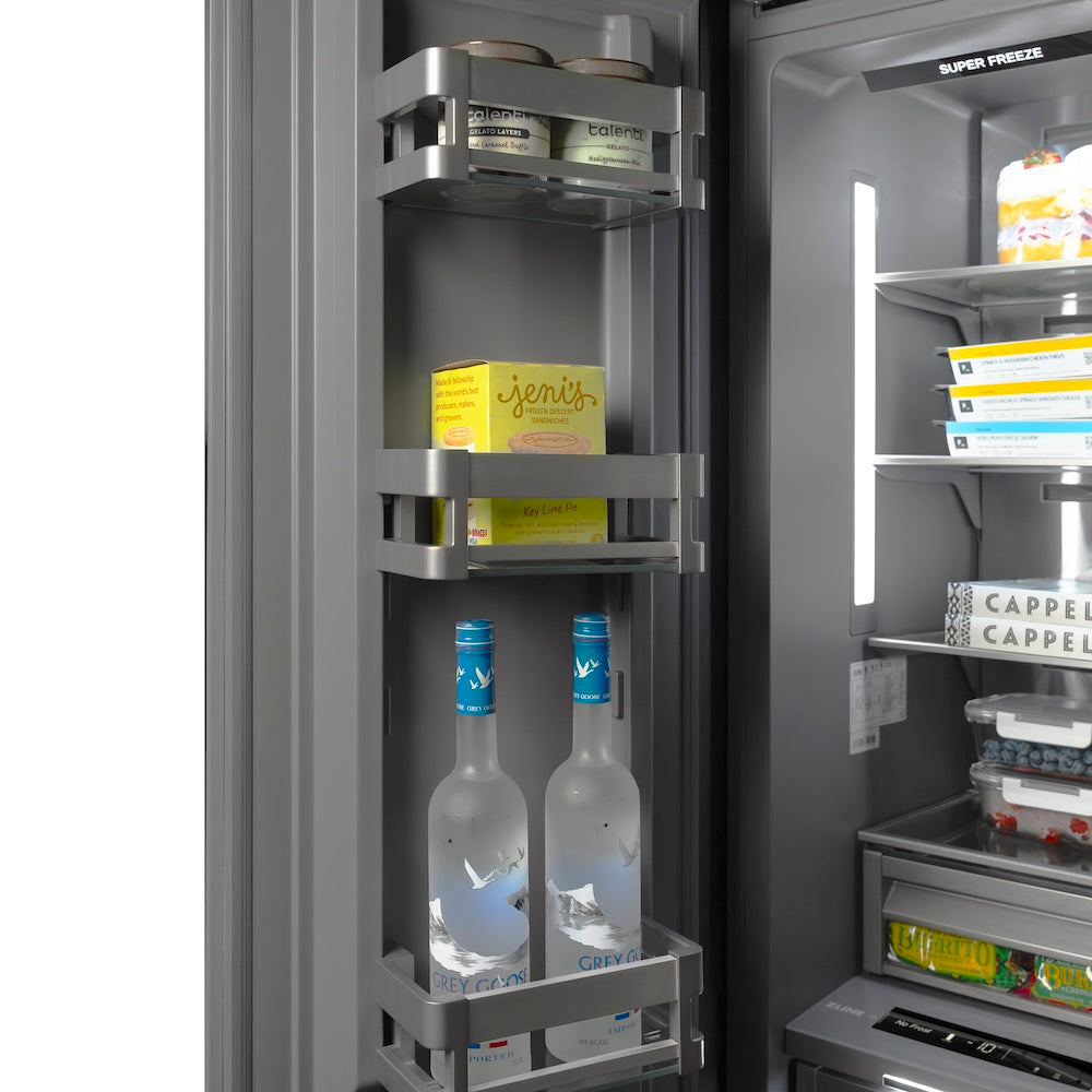 ZLINE Autograph Edition 18 in. 8.6 cu. ft. Left Hinge Column Freezer in Satin Stainless Steel with Graphite Gray Interior and Champagne Bronze Accents (RCFVLZ-SN-18-CB) door open with food inside compartment.