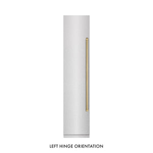 ZLINE Autograph Edition 18 in. 8.6 cu. ft. Left Hinge Column Freezer in Satin Stainless Steel with Graphite Gray Interior and Champagne Bronze Accents (RCFVLZ-SN-18-CB) front, closed.