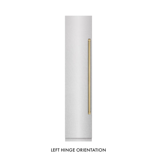 ZLINE Autograph Edition 18 in. 8.6 cu. ft. Left Hinge Column Freezer in Satin Stainless Steel with Graphite Gray Interior and Champagne Bronze Accents (RCFVLZ-SN-18-CB) front, closed.