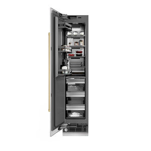 ZLINE Autograph Edition 18 in. 8.6 cu. ft. Left Hinge Column Freezer in Satin Stainless Steel with Graphite Gray Interior and Champagne Bronze Accents (RCFVLZ-SN-18-CB) front, open, with food inside.