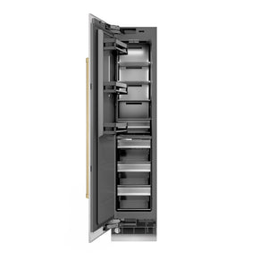 ZLINE Autograph Edition 18 in. 8.6 cu. ft. Left Hinge Column Freezer in Satin Stainless Steel with Graphite Gray Interior and Champagne Bronze Accents (RCFVLZ-SN-18-CB) front, open.