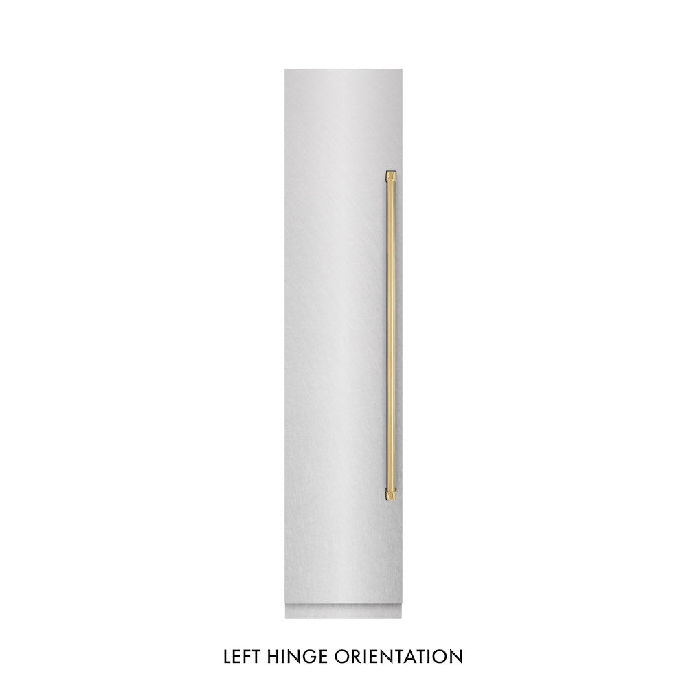 ZLINE Autograph Edition 18 in. 8.6 cu. ft. Left Hinge Column Freezer in Satin Stainless Steel with Graphite Gray Interior and Polished Gold Accents (RCFVLZ-SN-18-G) front, closed.